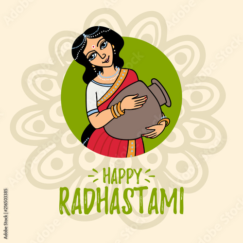 cartoon vector radhastami greeting card.  goddess Radha with pot in round frame photo