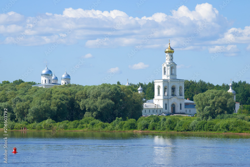 View of the bell tower of St. George Monastery on a sunny June day. Veliky Novgorod, Russia