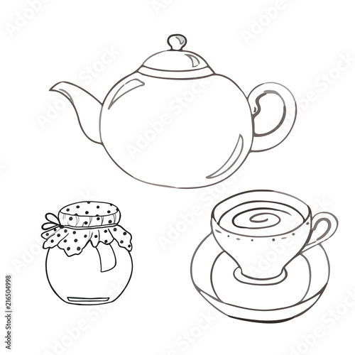 A tea set. Teapot and a mug painted lines on a white background. Vector sketch of dishes. Glass teapot, green tea