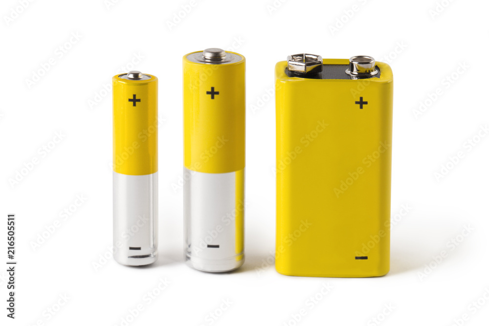 Three batteries (AAA, AA and PP3), isolated on white background Three batteries (AAA, AA and PP3), isolated on white background