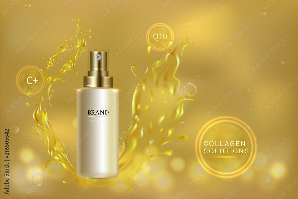 Beauty product, gold cosmetic container with advertising background ready to use, water splash luxury skin care ad, illustration vector.