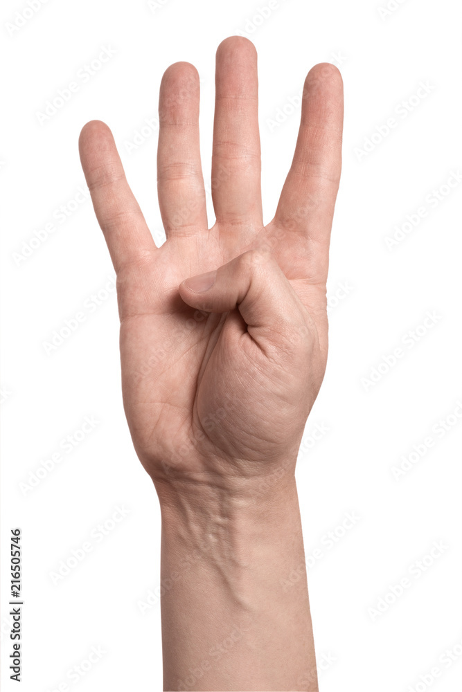 Hand with four fingers up, isolated on white background Hand with four fingers up, isolated on white background