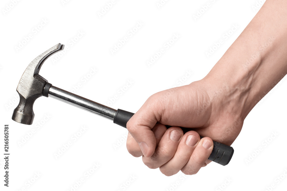 A hand with a hammer, isolated on white background A hand with a hammer, isolated on white background