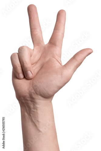 Hand with three fingers up, isolated on white background