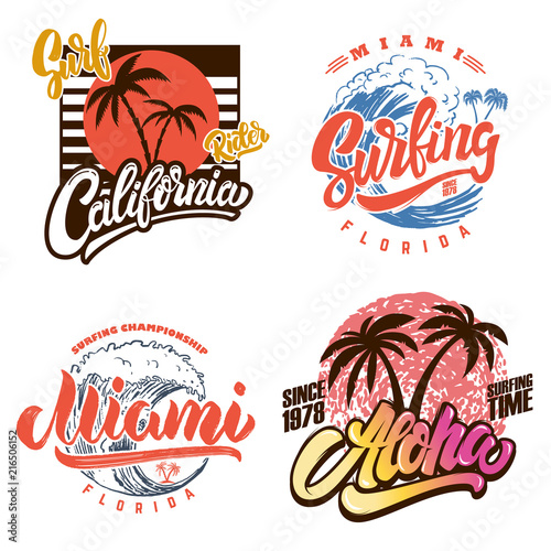 Hawaii surfing club. Miami. Poster templates with lettering and palms.
