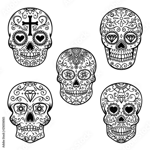 Set of sugar skull isolated on white background. Day of the dead. Dia de los muertos. Design element for poster, card, banner, print.