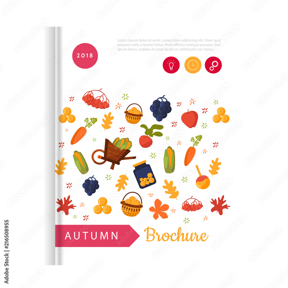 Brochure with autumn leaves, pumpkin, carrot and other fall harvest objects. Vector promotional design.