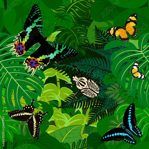 Seamless vector african tropical rainforest jungle background with butterflies