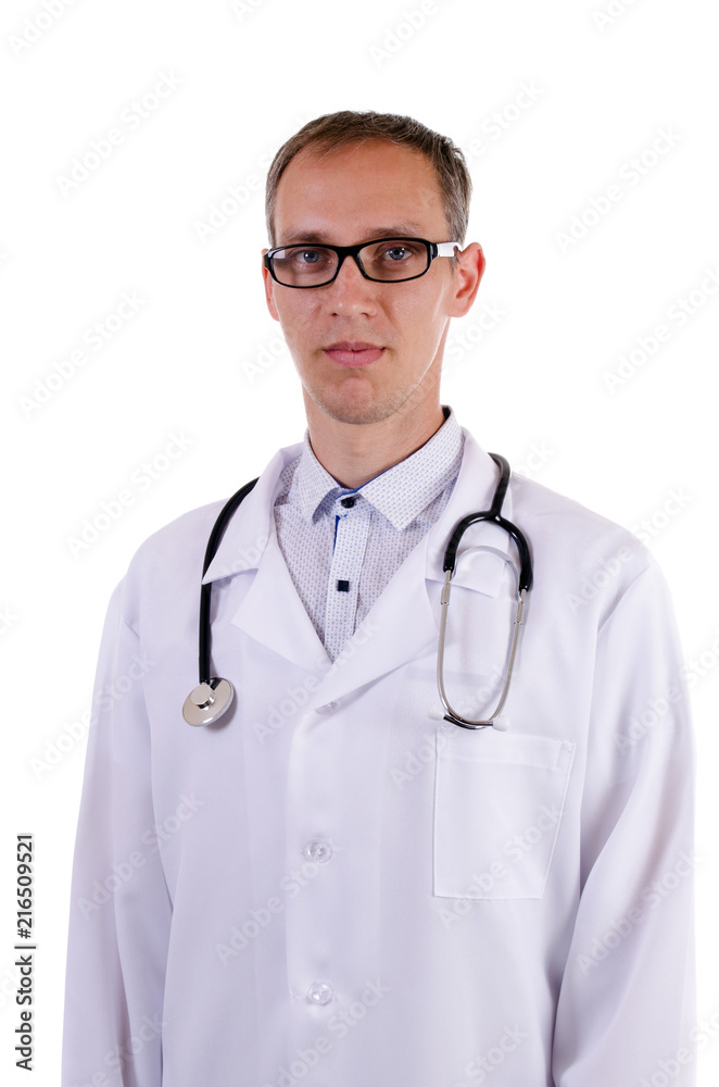 Doctor in glasses and in a dressing gown with a stethoscope on a white background Doctor in glasses and in a dressing gown with a stethoscope on a white background