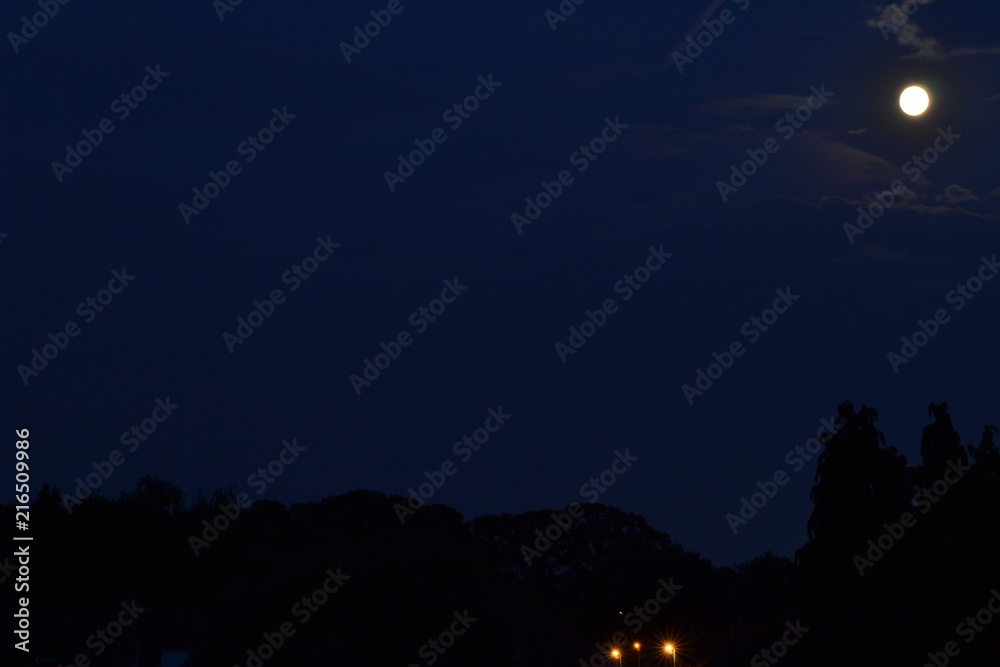 Nighttime photograph of the moon above a suburban park in a starless sky. The silhouette of park trees sharply delineates the night sky. A few clouds are illuminated by the moon. Nighttime photograph of the moon above a suburban park in a starless sky. The silhouette of park trees sharply delineates the night sky. A few clouds are illuminated by the moon.