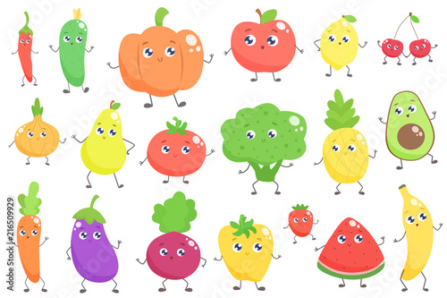 Set of cute cartoon fruits and vegetables. Vector flat illustration.
