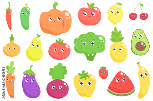 Cute cartoon fruits and vegetables. Vector flat illustration.