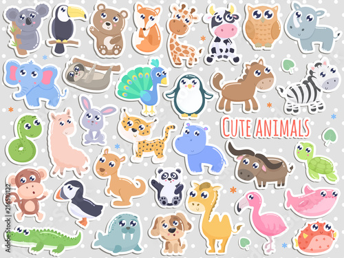 Big set of cute cartoon animal stickers vector illustration. Flat design.