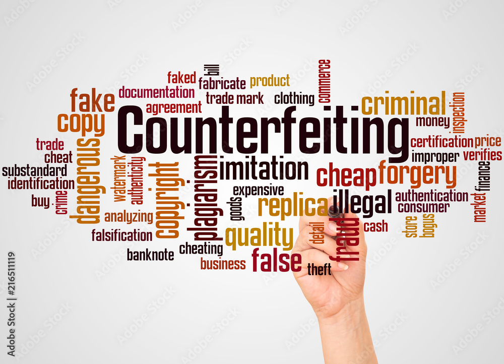 Counterfeiting word cloud and hand with marker concept Counterfeiting word cloud and hand with marker concept