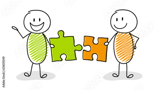 Happy stickman setting up puzzles - business concept. Vector.