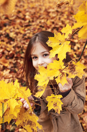 Little Girl Plays In The Autumn Leaves in park