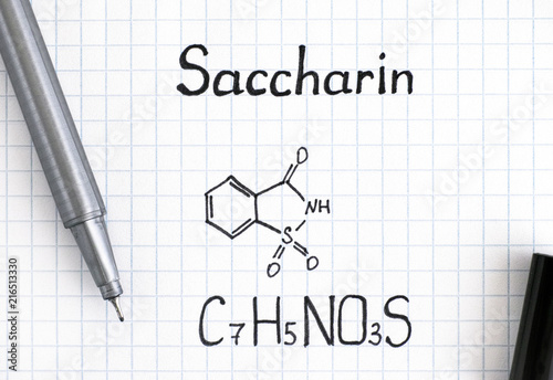 Chemical formula of Saccharin with pen. photo
