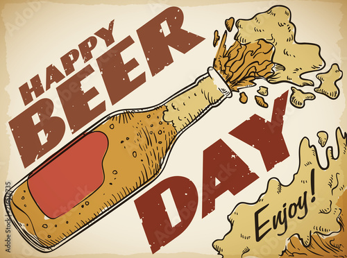 Retro Poster with Delicious Beer Bottle to Celebrate Beer Day, Vector Illustration