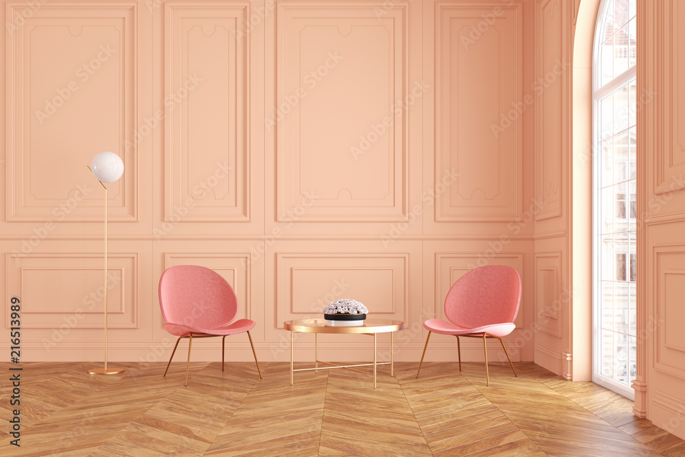 Modern classic peach color interior with armchairs, coffee table and
