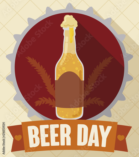 Beer Lid with Bottle, Barley and Ribbon for Beer Day, Vector Illustration