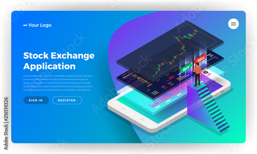 Mockup landing page website design concept stock exchange mobile application. Isometric vector illustrations.