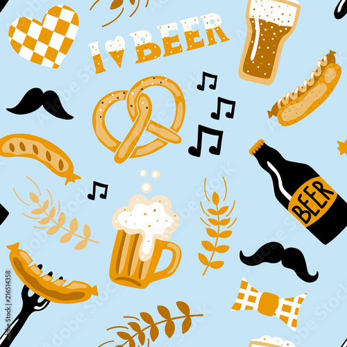 Hand drawn doodle style Beer seamless pattern. Craft beer festival. Vector repeating wallpaper.