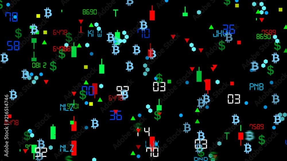 Large size of financial icons. The trend towards animation in the stock market. .Icon, dollar, bitcoin, growing and falling graph, index numbers, names. Business background. Place for text. Large size of financial icons. The trend towards animation in the stock market. .Icon, dollar, bitcoin, growing and falling graph, index numbers, names. Business background. Place for text.