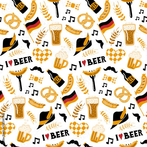 Hand drawn seamless pattern with traditional Beer fest attributes on white background. Craft beer print. Doodle style. Vector repeating wallpaper.