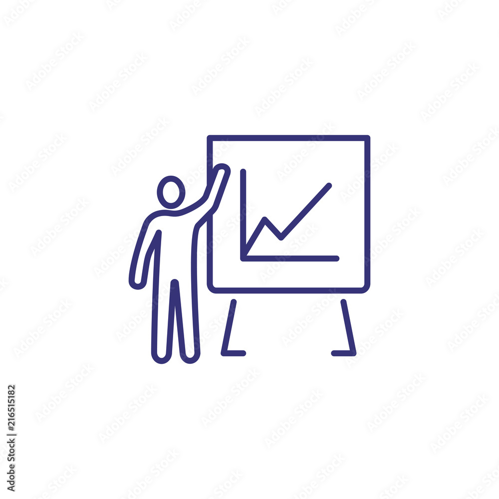 Speaker holding presentation line icon. Graph, analytics, office board. Meeting concept. Can be used for topics like business, marketing, reporting Speaker holding presentation line icon. Graph, analytics, office board. Meeting concept. Can be used for topics like business, marketing, reporting