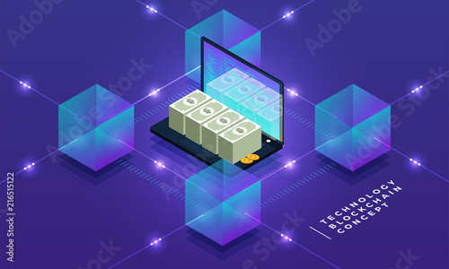 Flat design concept blockchain and cryptocurrency technology. Composition for layout design website banner. Isometric vector illustration.