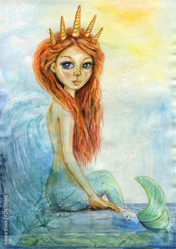 red hair mermaid with crown of seashells sitting on a rock