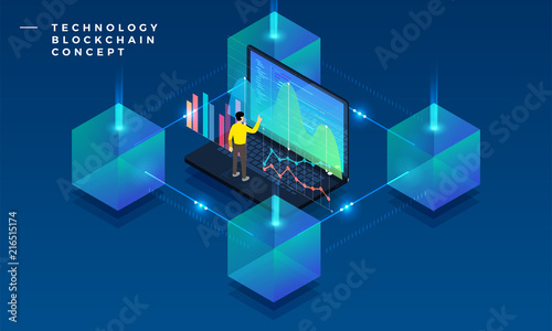 Flat design concept blockchain and cryptocurrency technology. Composition for layout design website banner. Isometric vector illustration.
