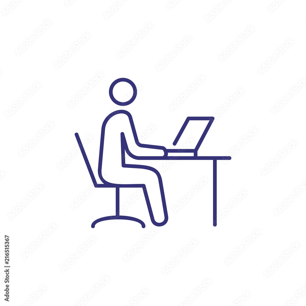 Work on computer line icon. Man sitting at table and using laptop ...