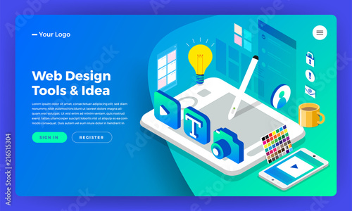 Mockup website landing page isometric flat design concept web designer. Vector illustration. Website layout design.