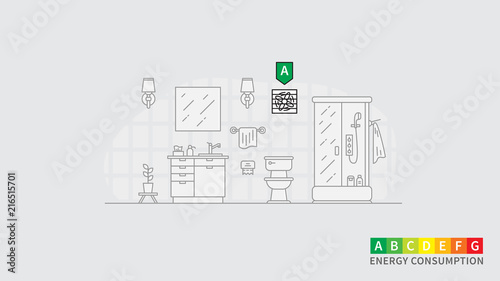 Energy consumption of fan vector illustration. Bathroom interior with ventilator (ventilation) and energy efficiency rank line art concept. Electric household appliance with energy rating index.