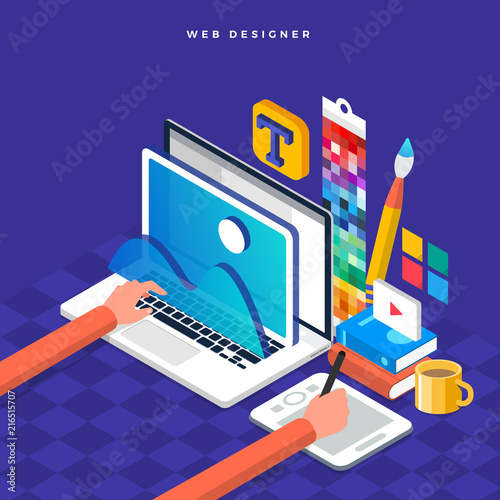 Isometric flat design concept web designer. Vector illustration. Website layout design.