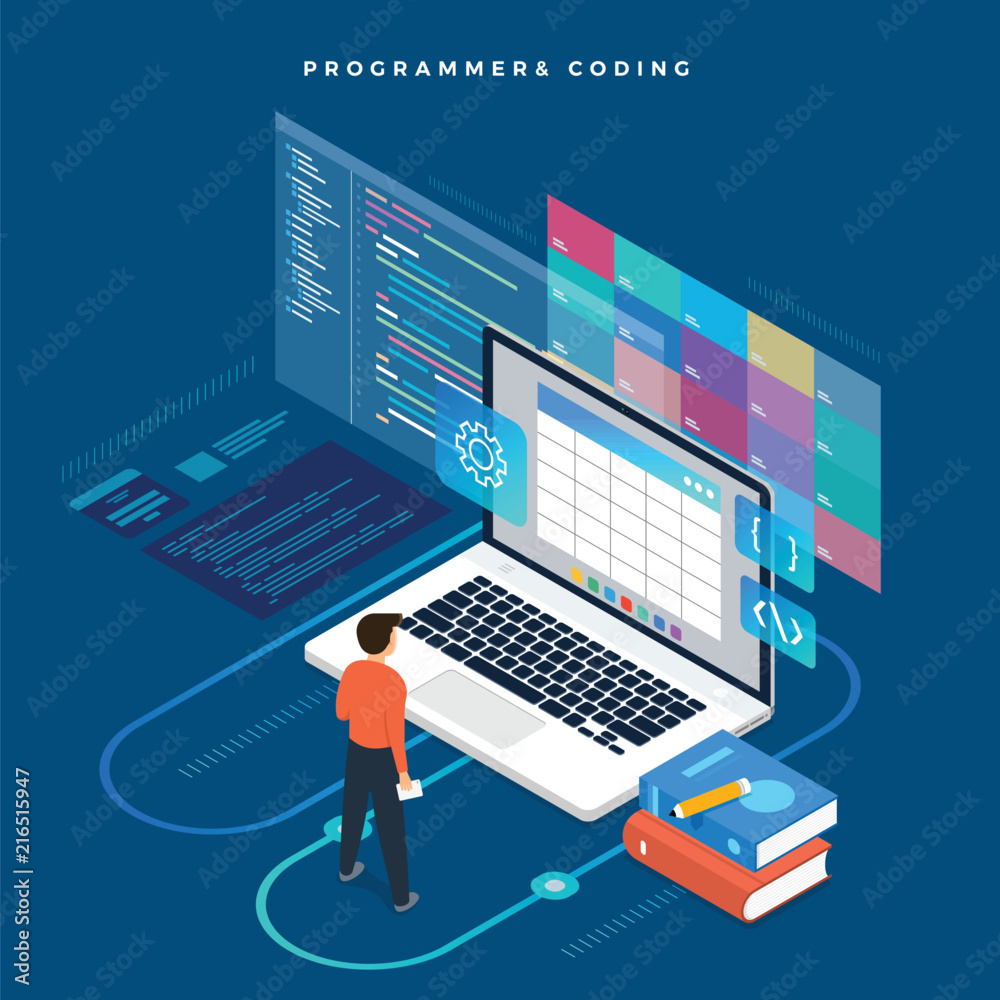 Isometric flat design concept programmer and coding. Vector illustration. Website layout design. Isometric flat design concept programmer and coding. Vector illustration. Website layout design.