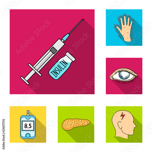 Diabetes flat icons in set collection for design. Treatment of diabetes vector symbol stock web illustration.