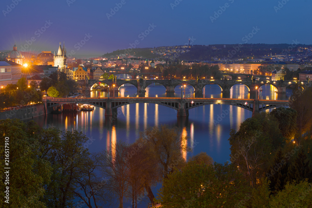 View of the bridges of the evening Prague. Czech Republic