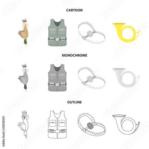 A trophy in his hand, a steel trap, a hunting vest with patronage, a horn..Hunting set collection icons in cartoon,outline,monochrome style vector symbol stock illustration web.
