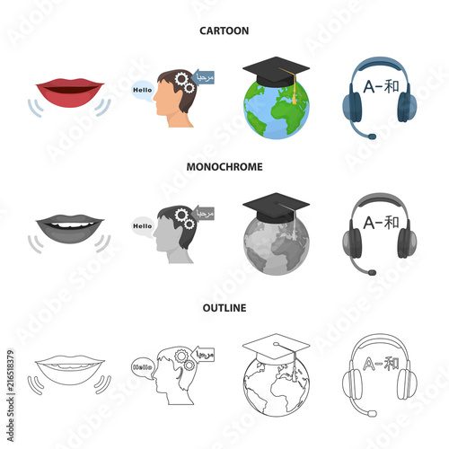 The mouth of the person speaking, the person head translating the text, the globe with the master cap, the headphones with the translation. Interpreter and translator set collection icons in cartoon