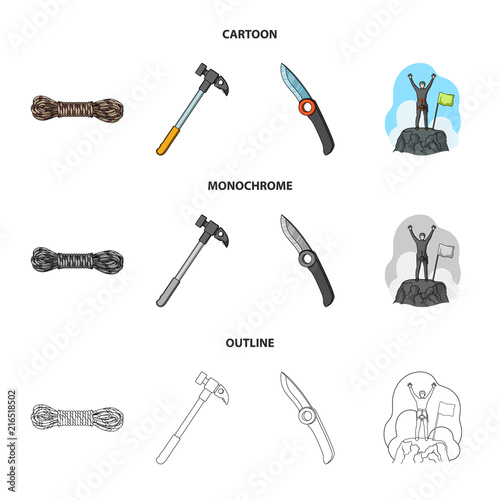 Climber on conquered top, coil of rope, knife, hammer.Mountaineering set collection icons in cartoon,outline,monochrome style vector symbol stock illustration web.