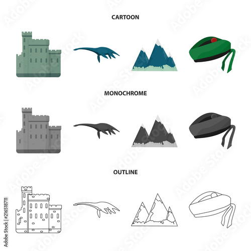 Edinburgh Castle, Loch Ness Monster, Grampian Mountains, national cap balmoral,tam o shanter. Scotland set collection icons in cartoon,outline,monochrome style vector symbol stock illustration web.