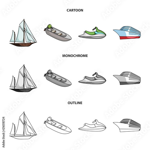 Ancient sailboat, motor boat, scooter, marine liner.Ships and water transport set collection icons in cartoon,outline,monochrome style vector symbol stock illustration web.