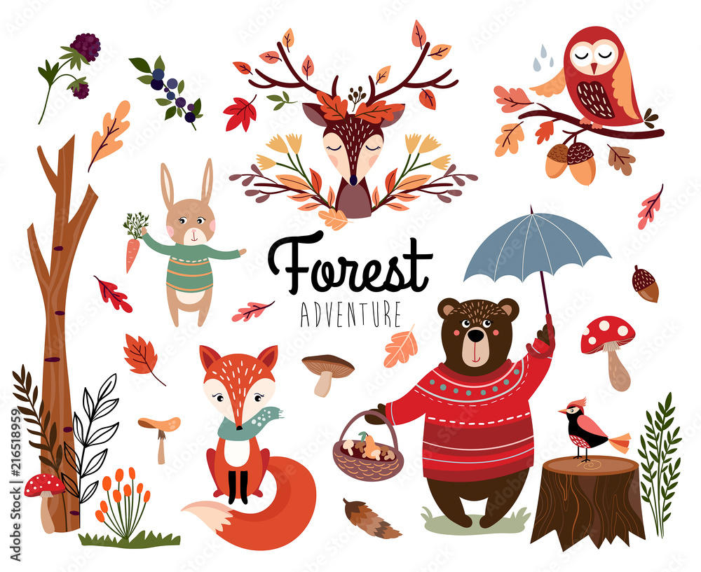 Forest element collection with autumnal background, hand drawn seasonal items isolated on white