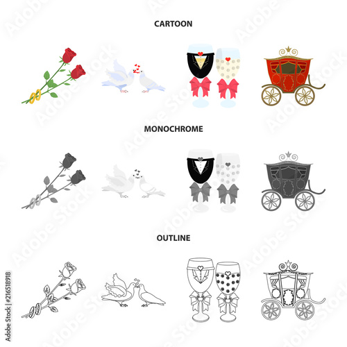 Wedding and Attributes cartoon ,flat,outline,black icons in set collection for design.Newlyweds and Accessories vector symbol stock web illustration.