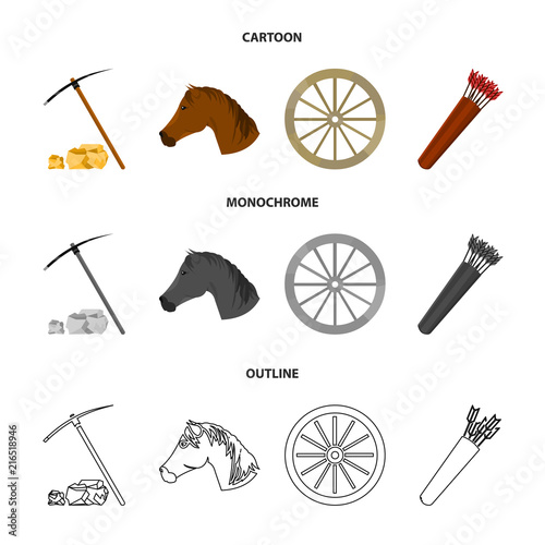 Pickax hoe, horse head, wheel cart, quiver with arrows.Wild west set collection icons in cartoon,outline,monochrome style vector symbol stock illustration web.