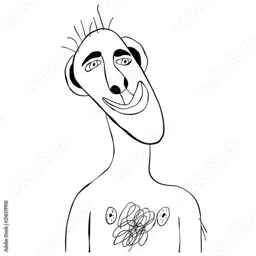 The sketched illustration of a surreal funny portrait.