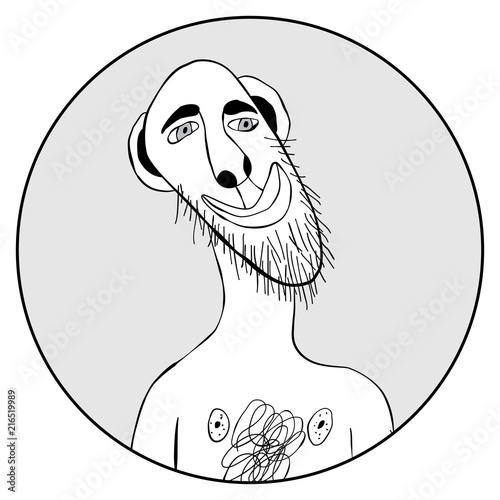 The sketched illustration of a surreal funny portrait.