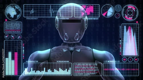Robot includes a futuristic user interface with the word mission possible. 3d animation rendering